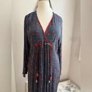 Vintage Bohemian Navy Blue and Red Floral v neck maxi Dress with beads. M/L